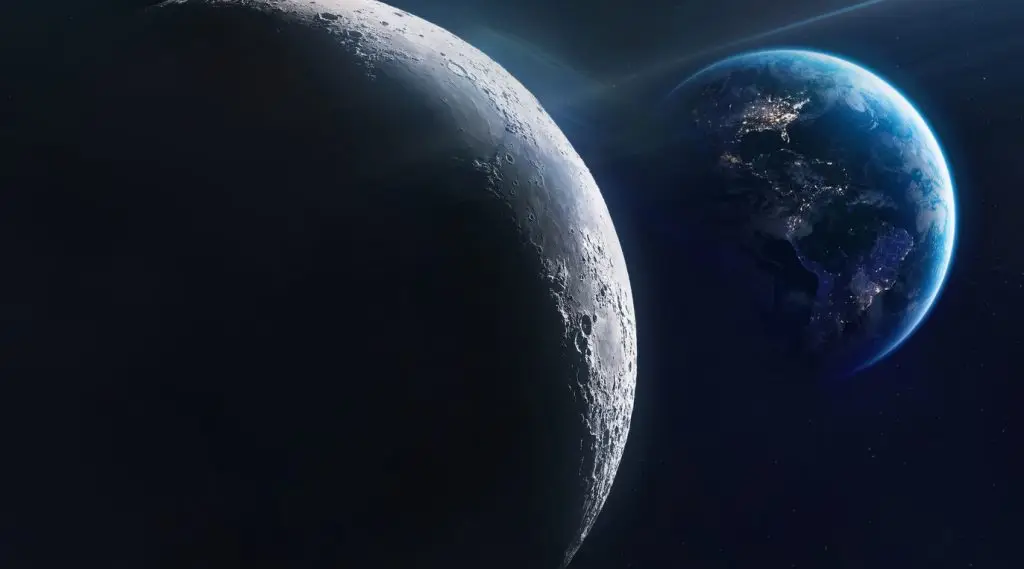 Moon and Earth at night. Cities light. Planet and satellite. Moon surface. Deep space with stars. Exploration of solar system.