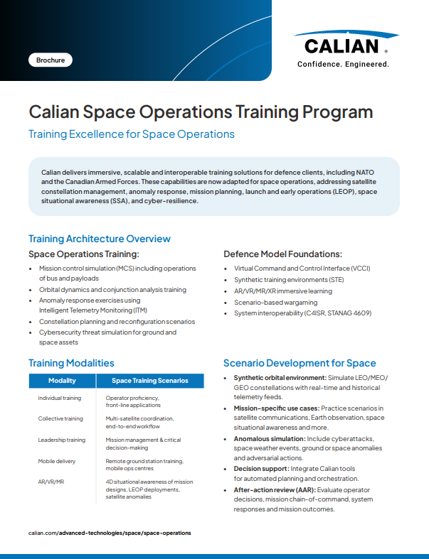 A brochure detailing the Calian Space Operations Training Program, outlining training components, defence model foundations, and scenario development for space missions.